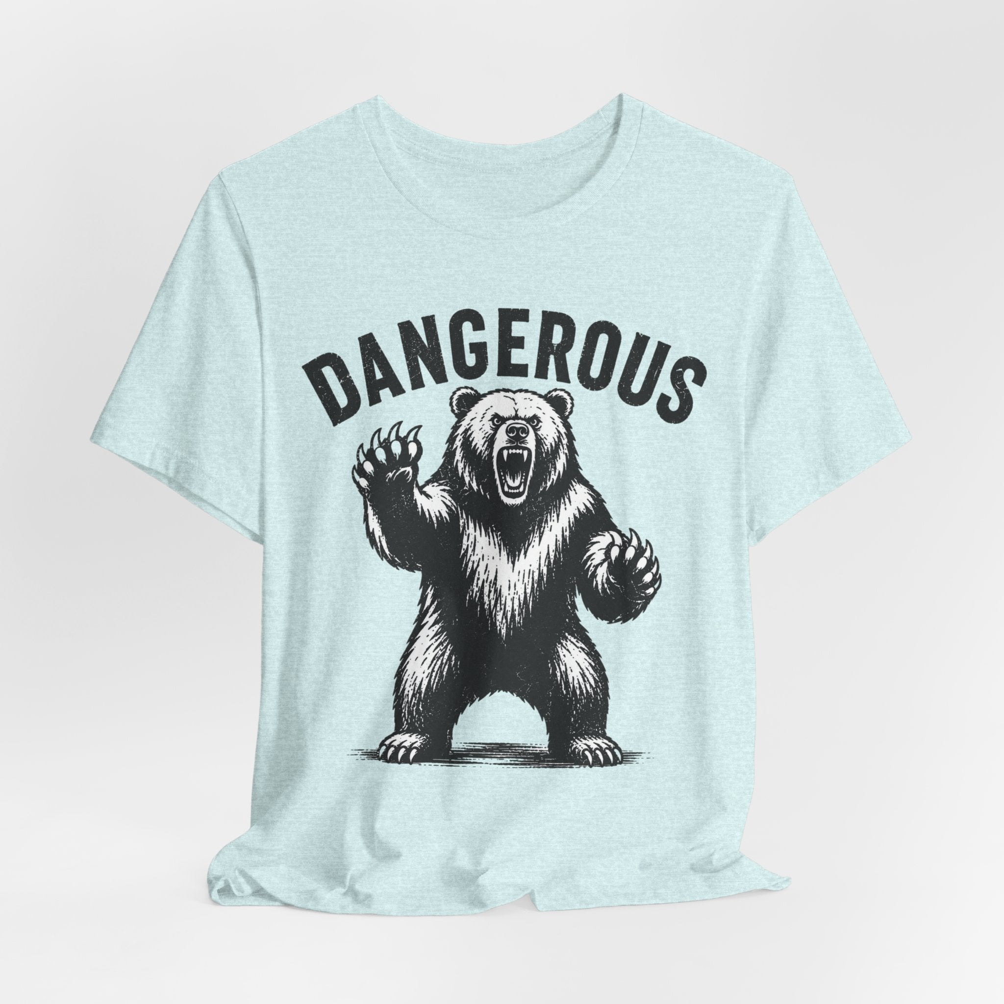 Dangerous Bear Grizzly Tee in Heather True Royal detail - dangerous bear park sign close-up graphic