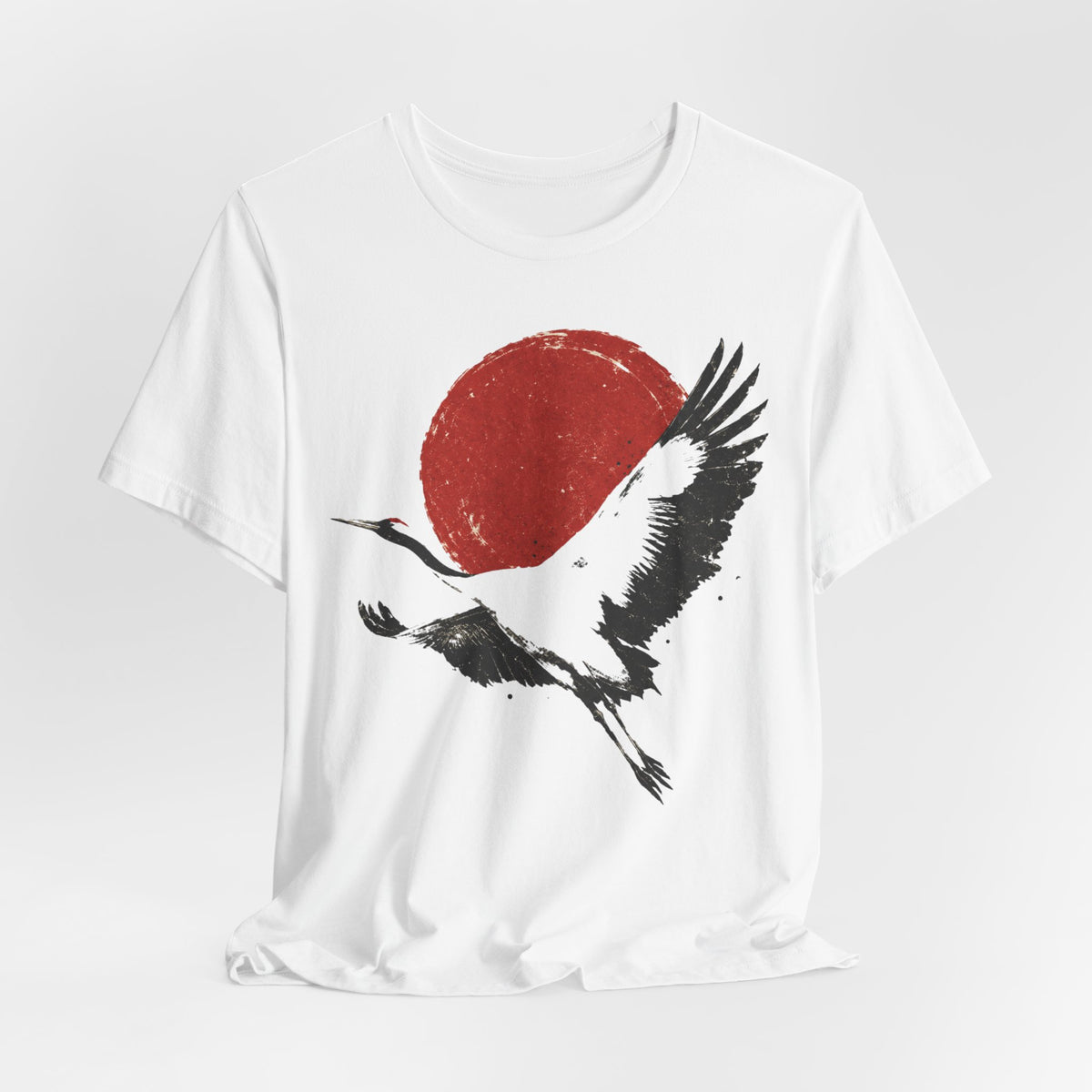 Red Crowned Crane Sumi-e Tee in Turquoise - sumi-e crane red sun shirt, Barely Outdoorsy