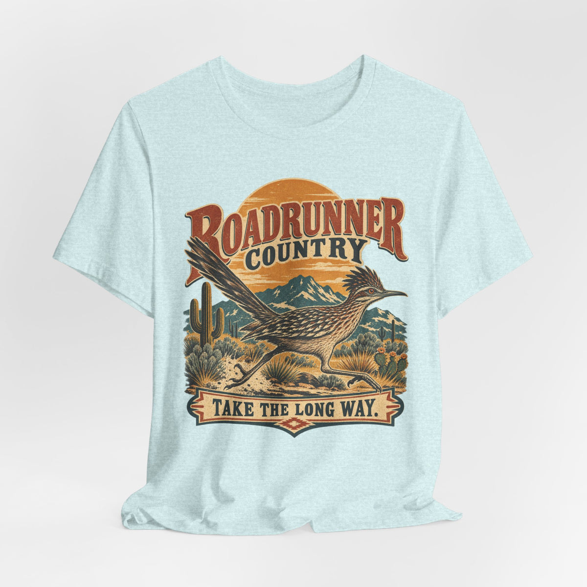 Roadrunner Country T-Shirt flat lay Athletic Heather - unisex crew neck roadrunner graphic tee, Barely Outdoorsy