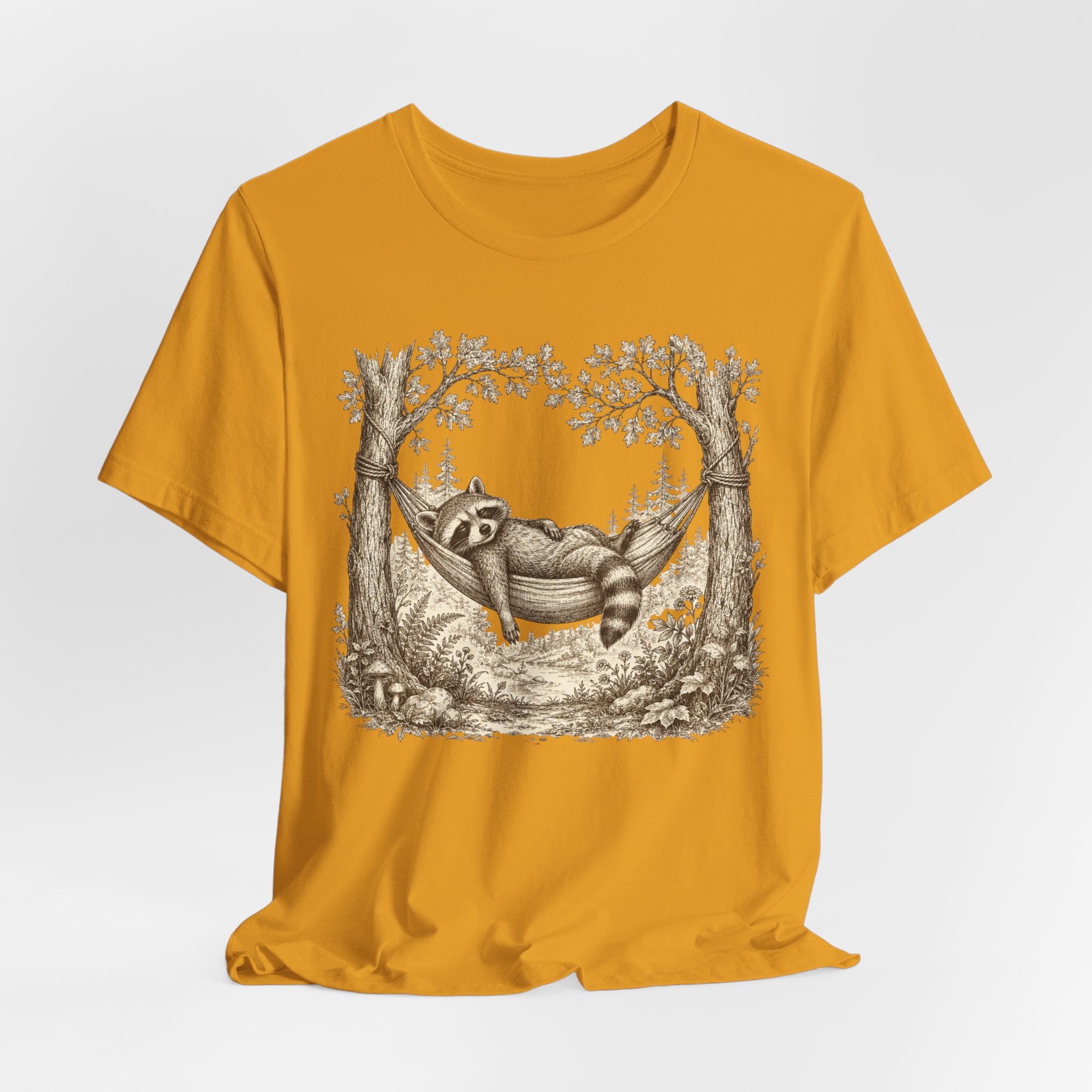 Raccoon Hammock T-Shirt in Red - vintage etching raccoon wildflowers ferns graphic tee, Bella Canvas 3001