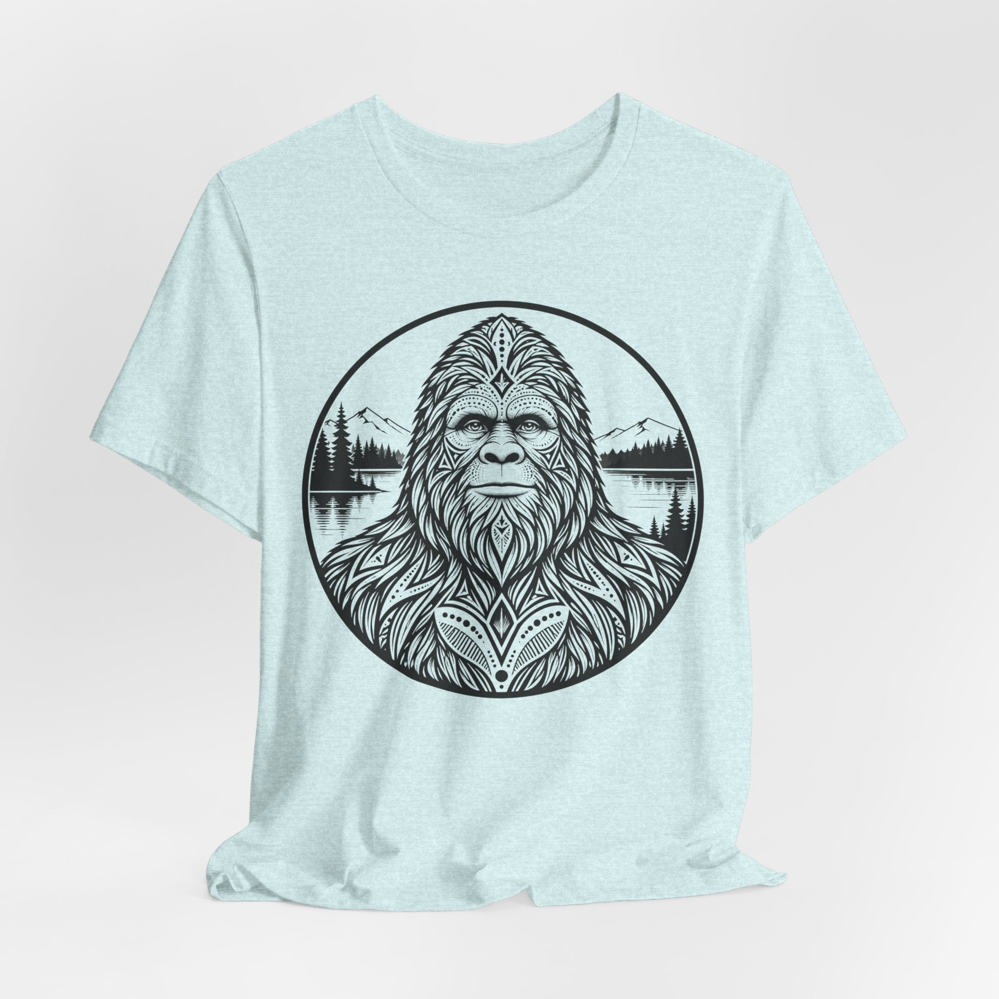 Bigfoot Sacred Geometry Portrait Tee flat lay Athletic Heather - unisex crew neck Bigfoot geometry graphic tee, Barely Outdoorsy