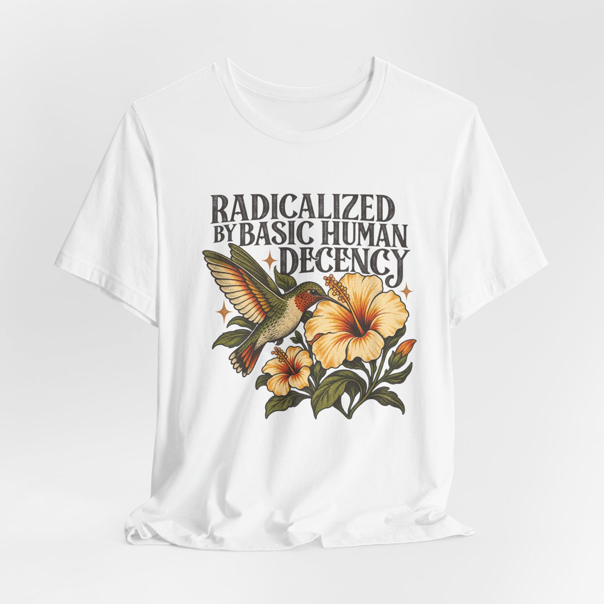 Radicalized by Basic Human Decency T-Shirt in Ocean Blue - funny political humor radicalized basic human decency graphic tee, Barely Outdoorsy