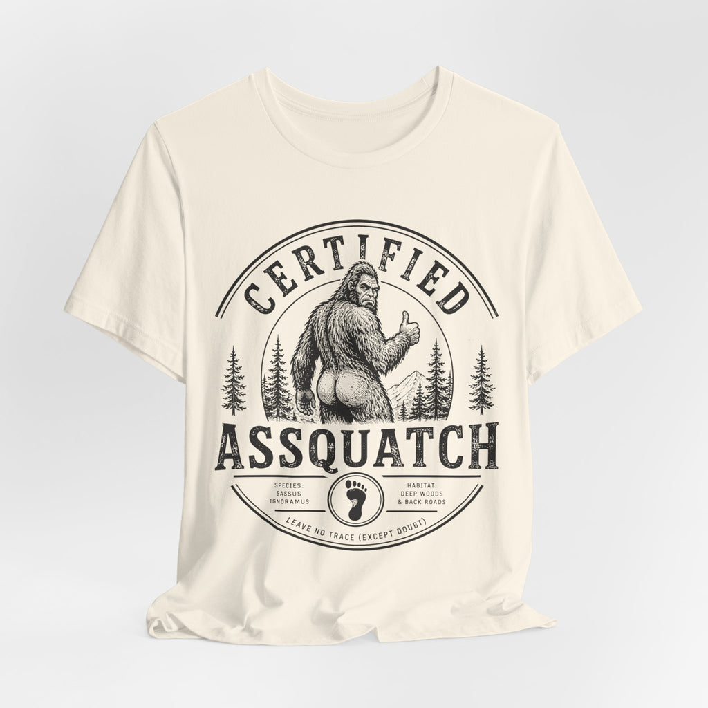 Certified Assquatch Tee in Mauve - funny Bigfoot pun humor shirt, Barely Outdoorsy Bella Canvas 3001