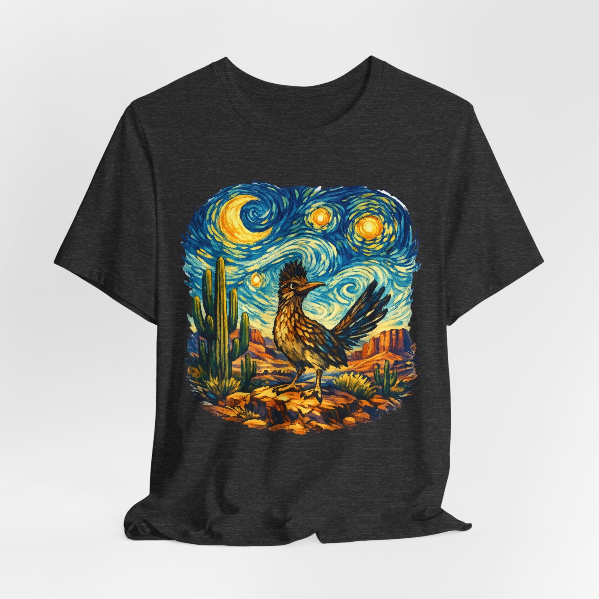 Starry Night Roadrunner Tee flat lay Dark Grey Heather - unisex crew neck impressionist roadrunner graphic tee, Barely Outdoorsy