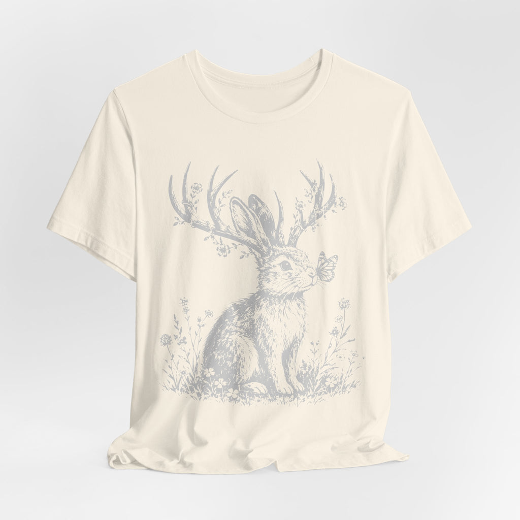 Close-up jackalope antlers butterfly wildflower illustration cotton tee