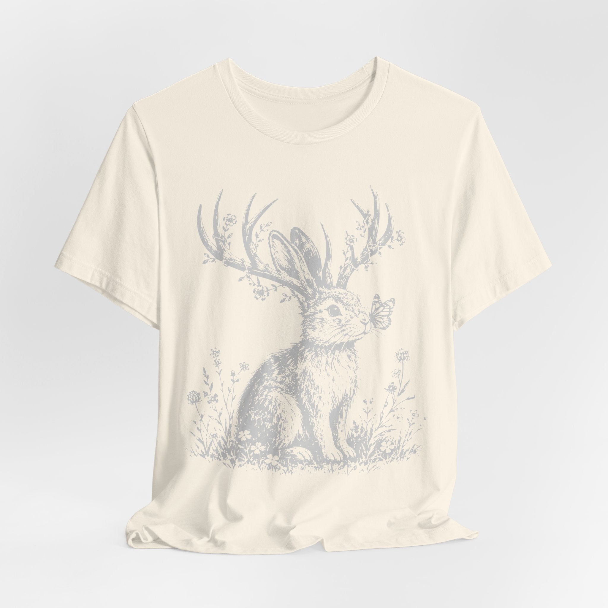 Close-up jackalope antlers butterfly wildflower illustration cotton tee
