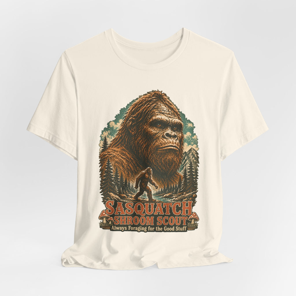 Sasquatch Shroom Scout Tee in Dark Grey Heather - funny Bigfoot shroom scout shirt, Barely Outdoorsy