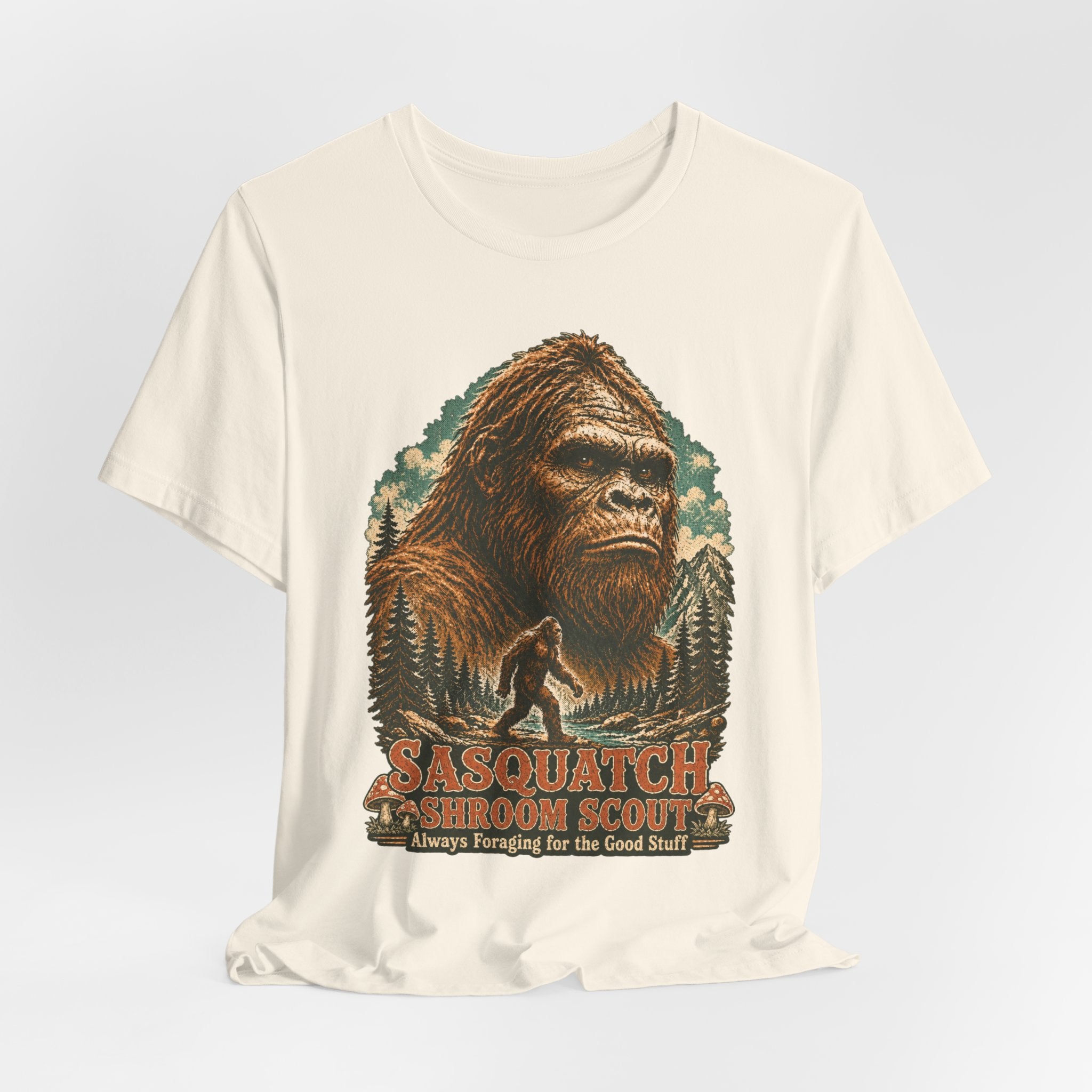 Sasquatch Shroom Scout Tee in Dark Grey Heather - funny Bigfoot shroom scout shirt, Barely Outdoorsy