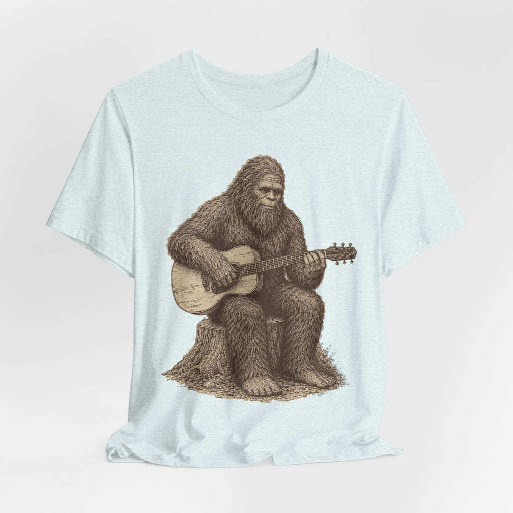 Bigfoot Guitar T-Shirt in Heather Ice Blue - vintage Sasquatch acoustic stump engraving graphic tee, Barely Outdoorsy