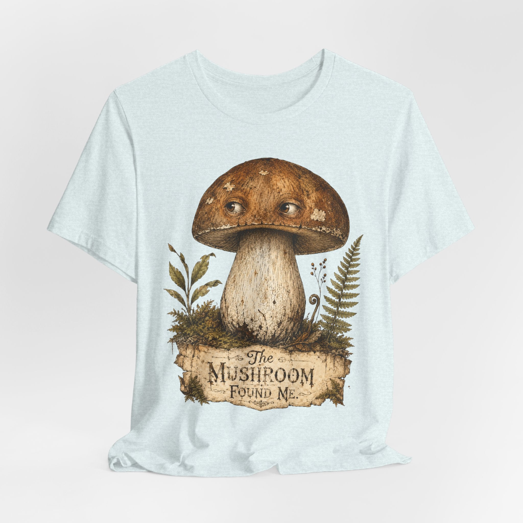 The Mushroom Found Me T-Shirt in Mauve - vintage mushroom illustration forager humor tee, Barely Outdoorsy Bella Canvas