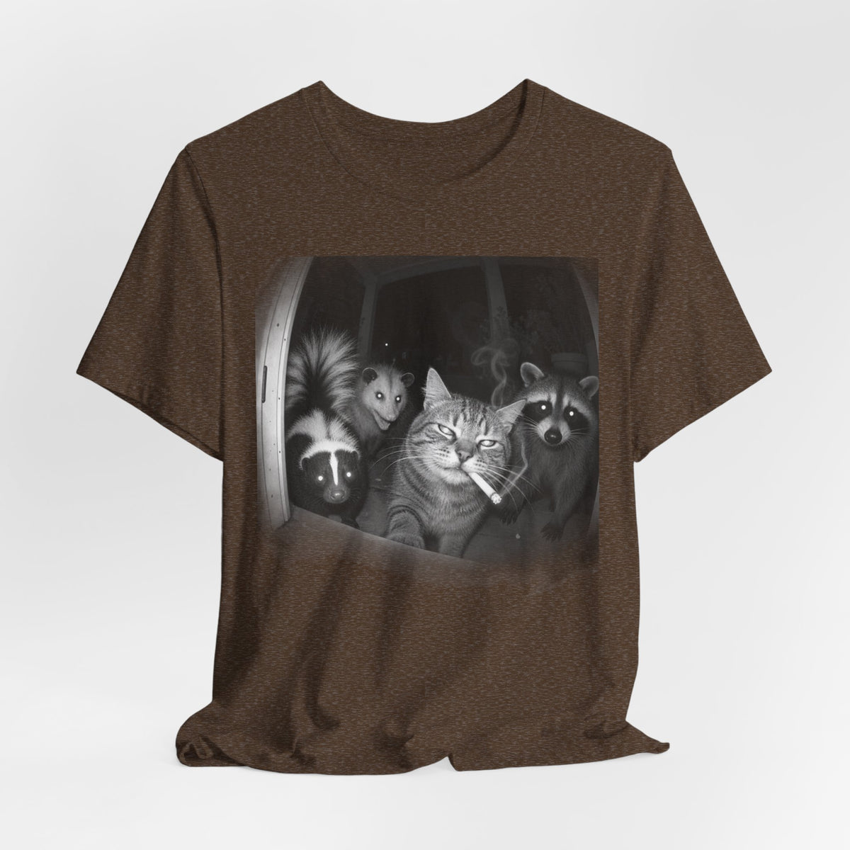 Midnight Trash Crew T-Shirt in Heather Stone - funny goblincore raccoon opossum midnight crew graphic tee, Barely Outdoorsy