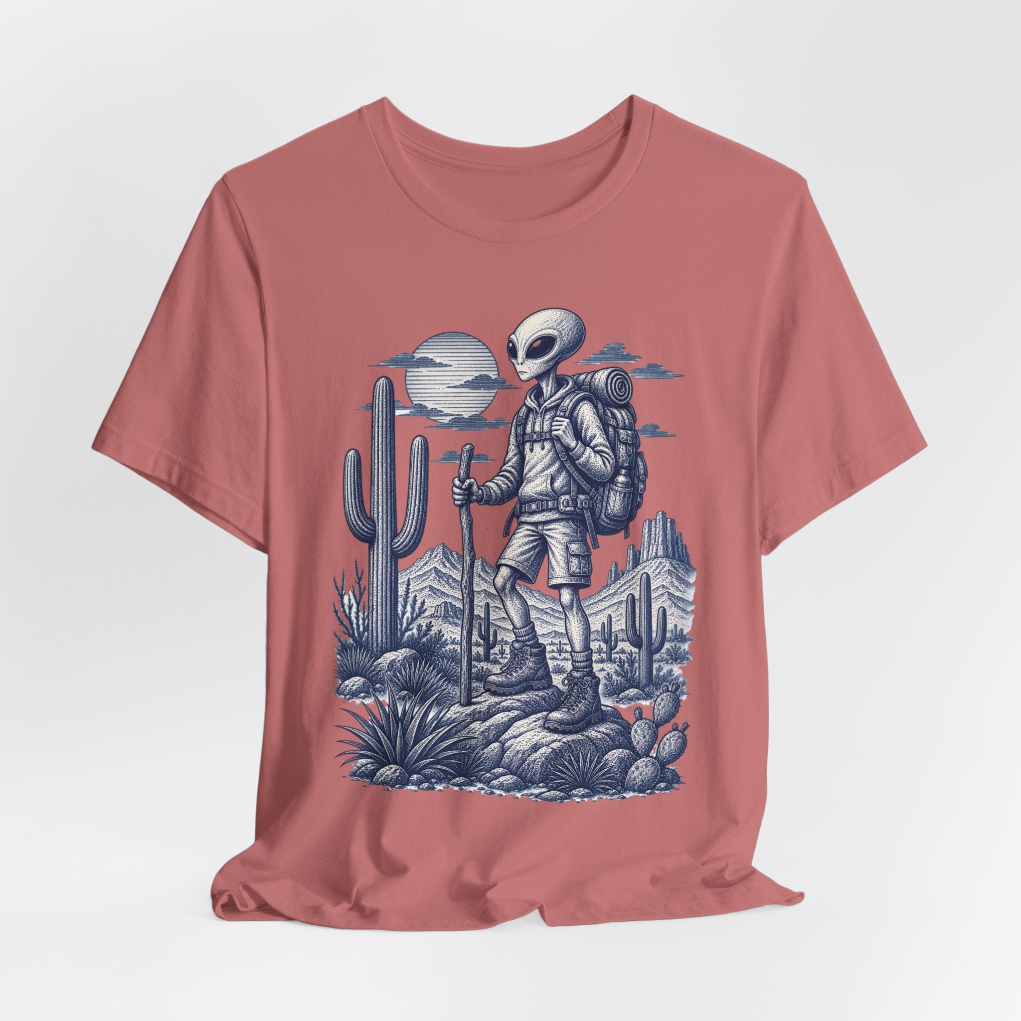 Alien Hiker Desert Backpacking Tee in Pink detail - alien desert hiker close-up graphic