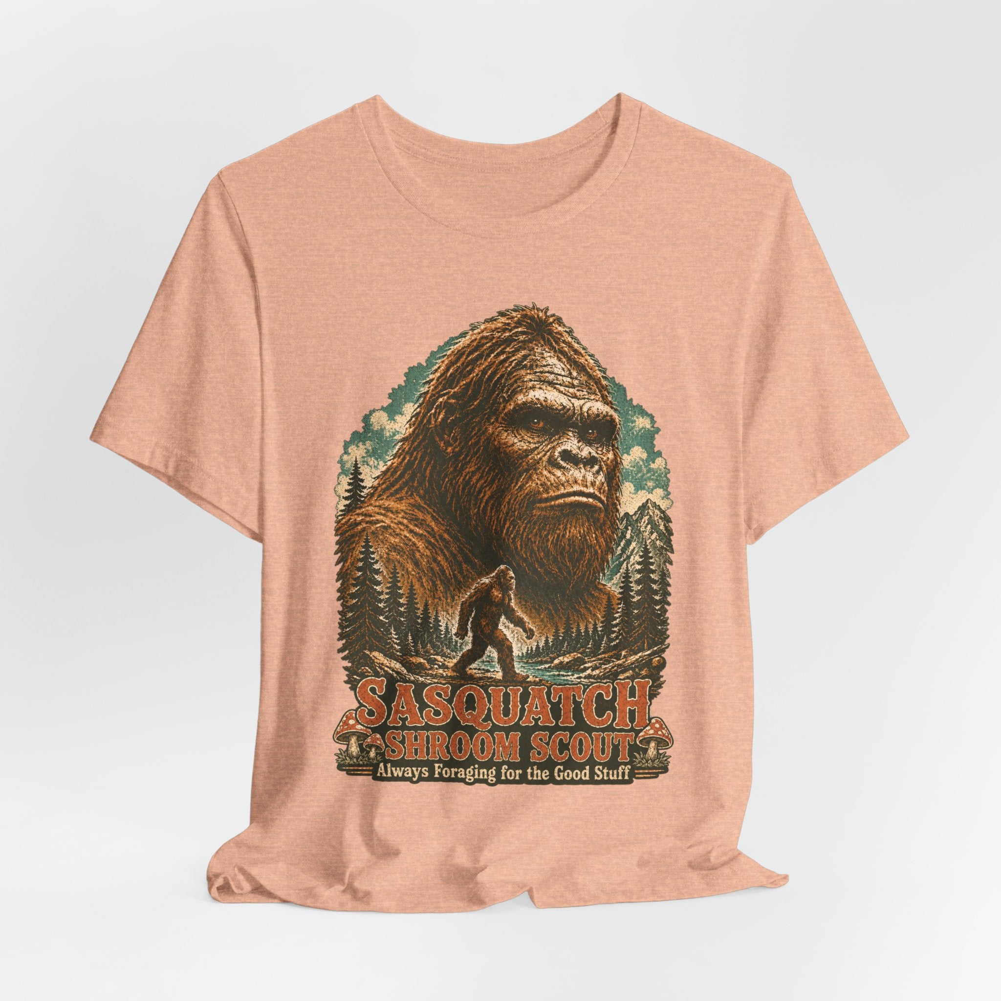 Sasquatch Shroom Scout T-Shirt in Maroon - funny Bigfoot mushroom forager graphic tee, Barely Outdoorsy Bella Canvas