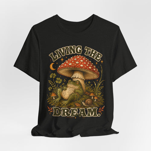 Living The Dream Frog Tee in White - chill frog outdoor humor shirt, Barely Outdoorsy