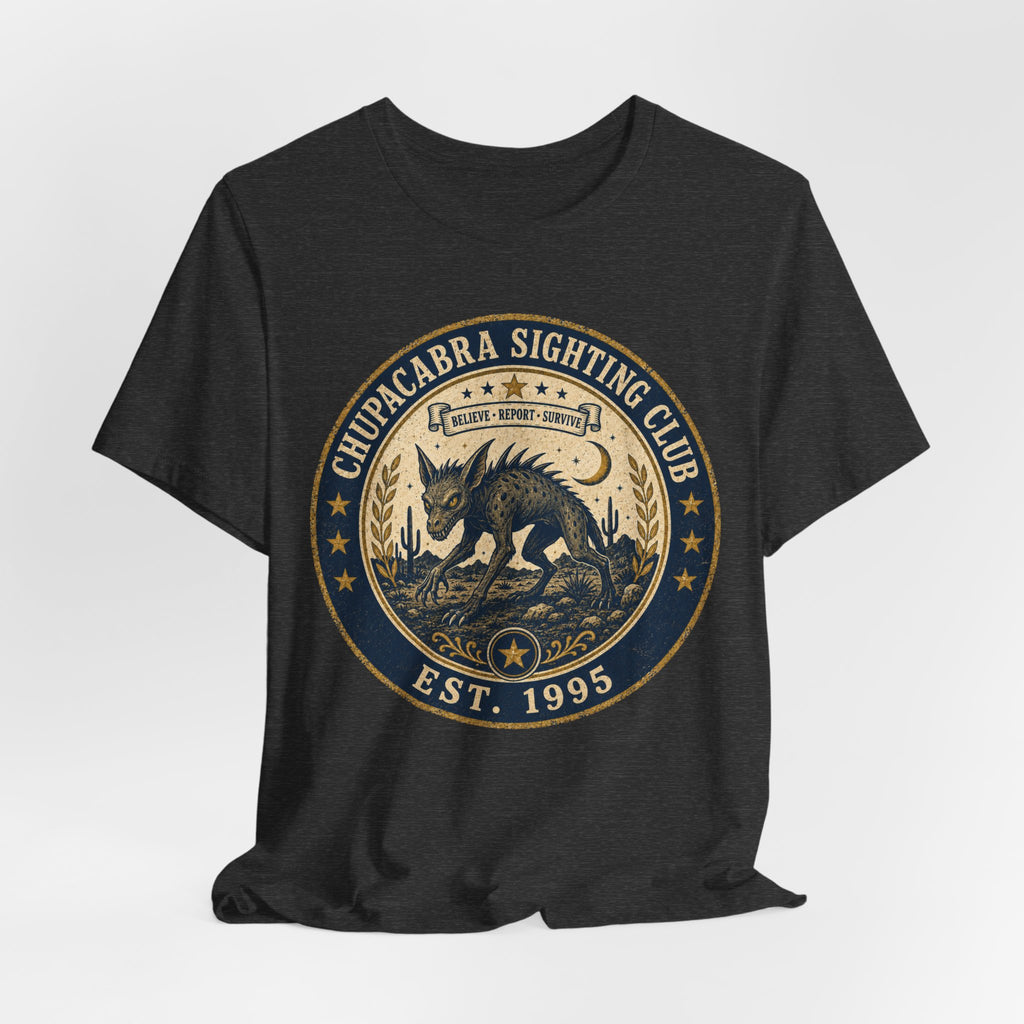 Chupacabra Sighting Club Tee in Brown - vintage badge cryptid humor shirt, Barely Outdoorsy Bella Canvas