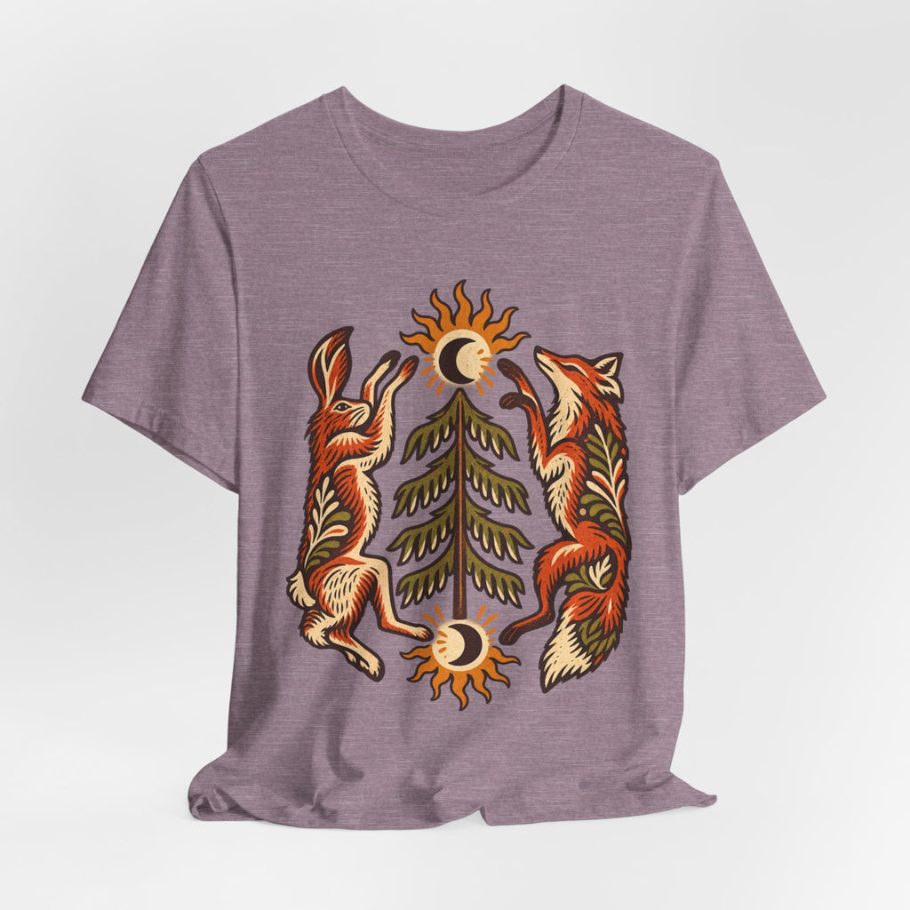 Fox and Hare Folk Art T-Shirt in Black Heather - folk art fox and hare woodland wildlife graphic tee, Barely Outdoorsy