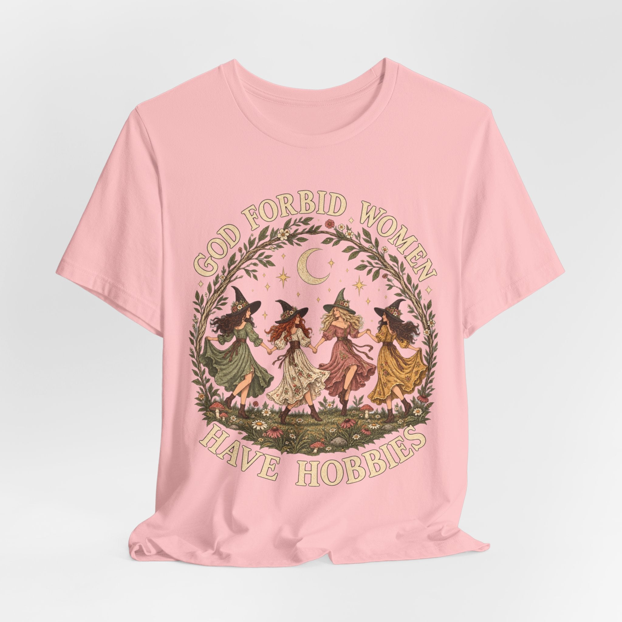 God Forbid Women Have Hobbies Witch Tee in Heather True Royal detail - witch hobbies dark humor close-up graphic
