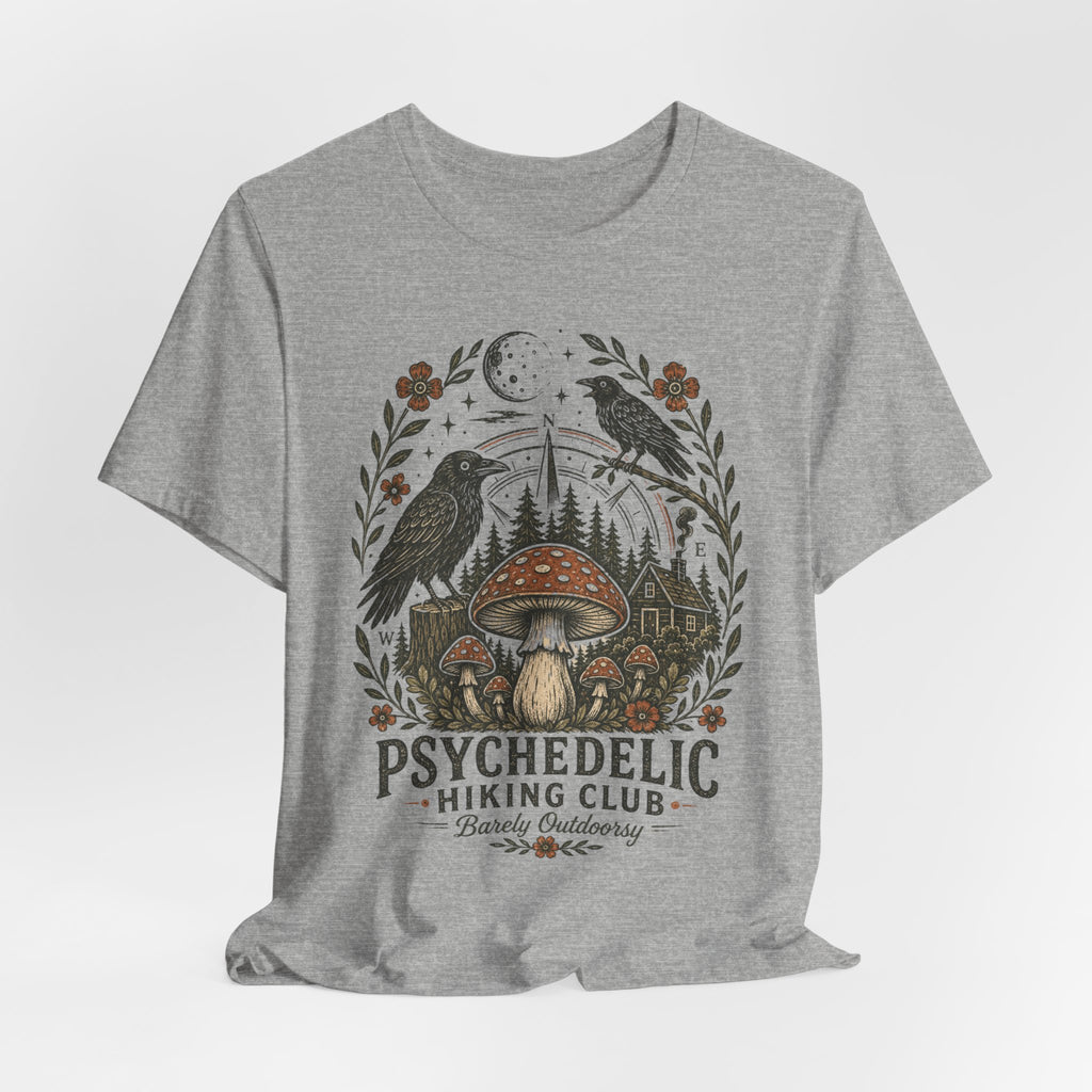 Psychedelic Hiking Club T-Shirt in Heather Peach - dark cottagecore hiking club graphic tee, Barely Outdoorsy Bella Canvas