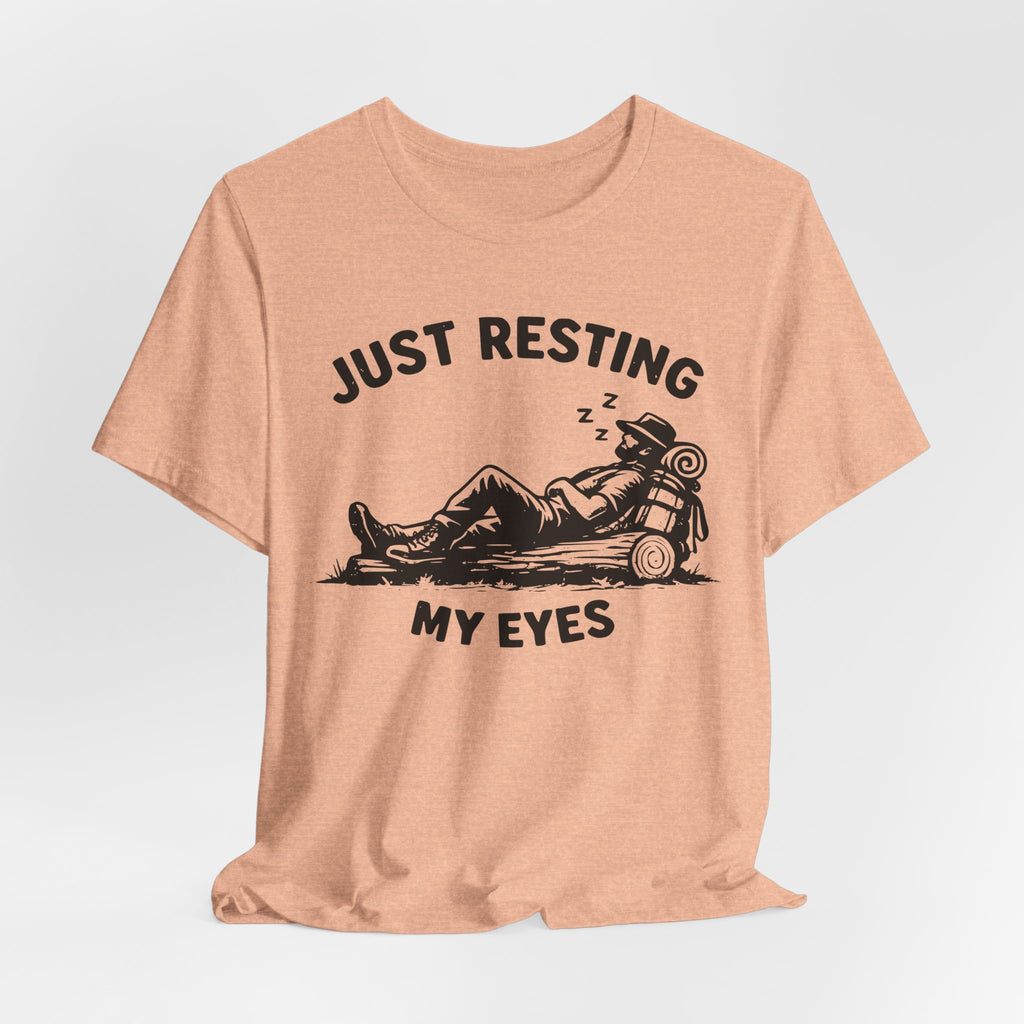 Just Resting My Eyes T-Shirt in White - funny trail nap hiking graphic tee, Barely Outdoorsy Bella Canvas