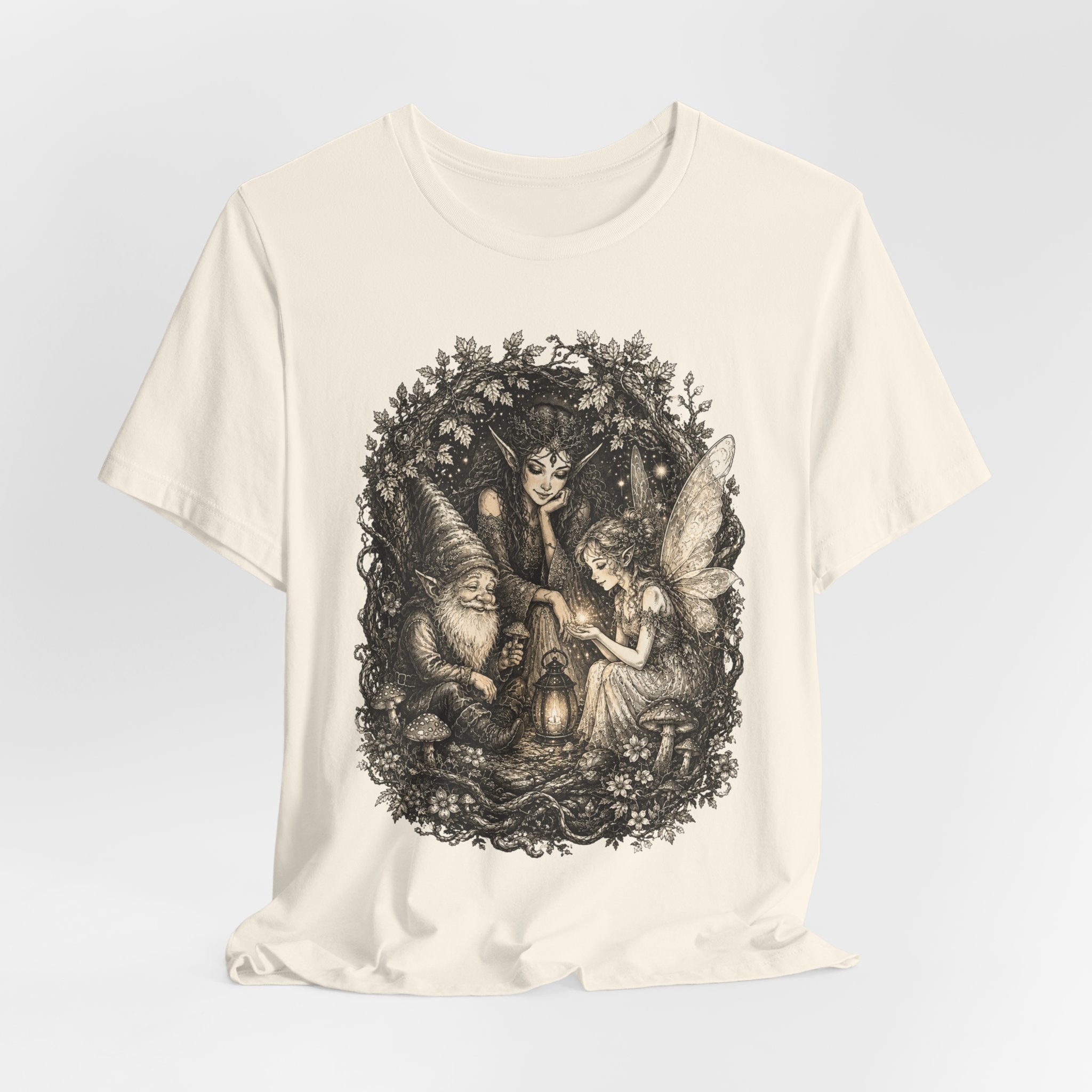 Woodland Gathering T-Shirt in Pink - cottagecore forest creatures lantern graphic tee, Barely Outdoorsy Bella Canvas