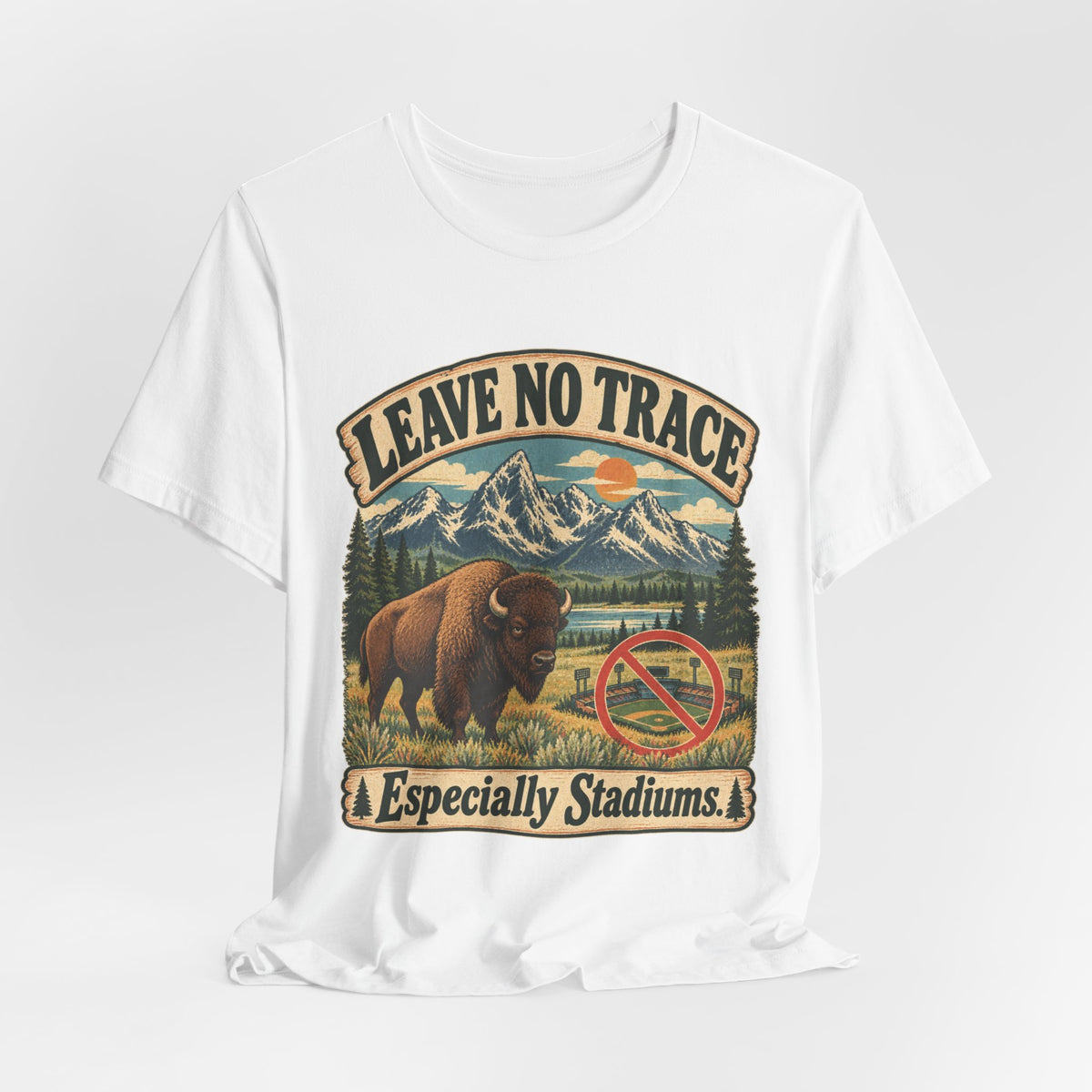 Leave No Trace Especially Stadiums Bison Tee in Navy - funny bison Leave No Trace humor shirt, Barely Outdoorsy