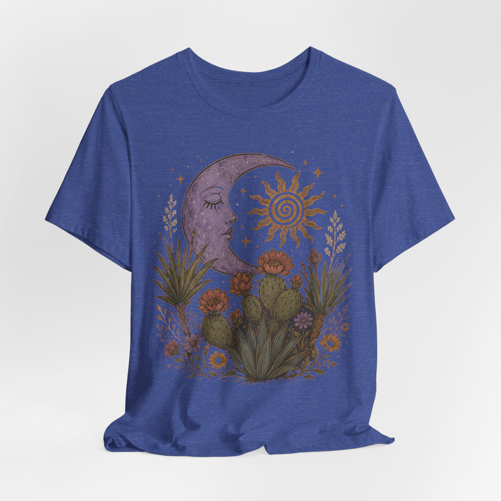 Desert Moon and Sun Botanical Tee in Black Heather - celestial moon sun desert graphic shirt, Barely Outdoorsy Bella Canvas