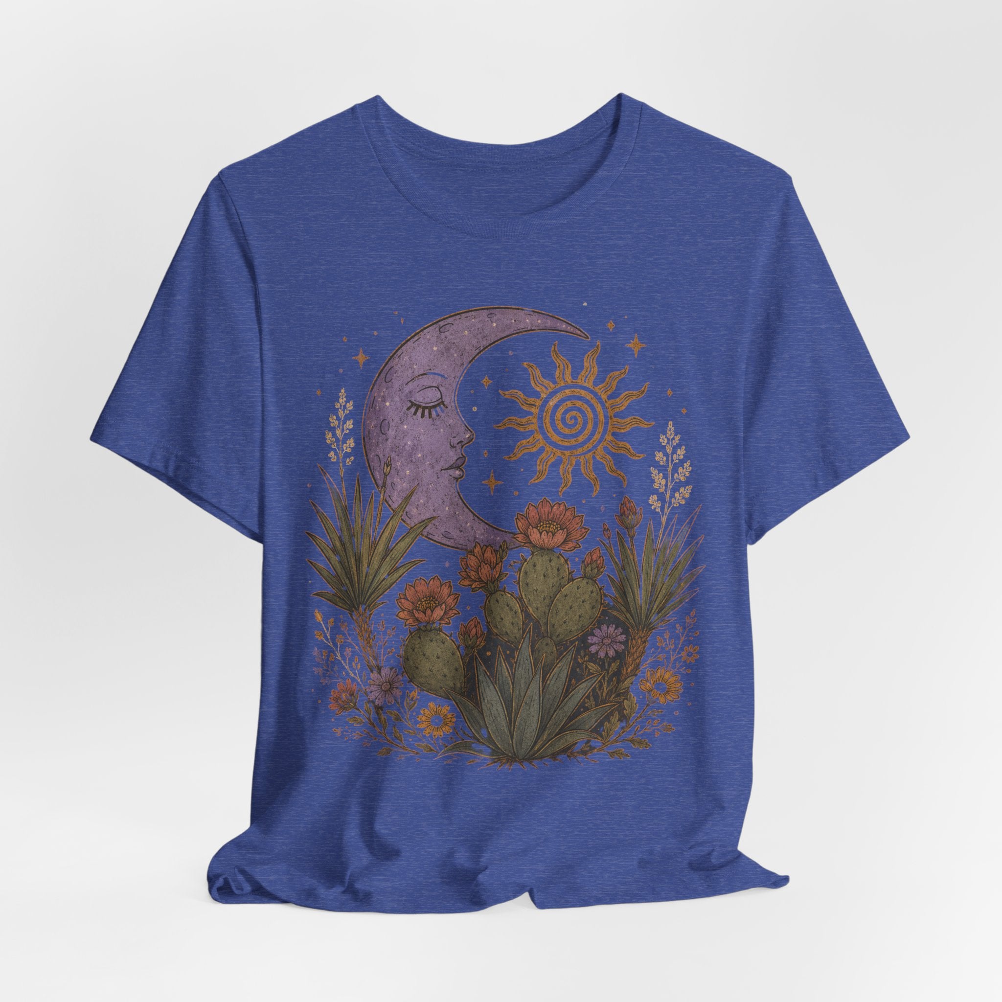 Desert Moon and Sun Botanical Tee in Black Heather - celestial moon sun desert graphic shirt, Barely Outdoorsy Bella Canvas