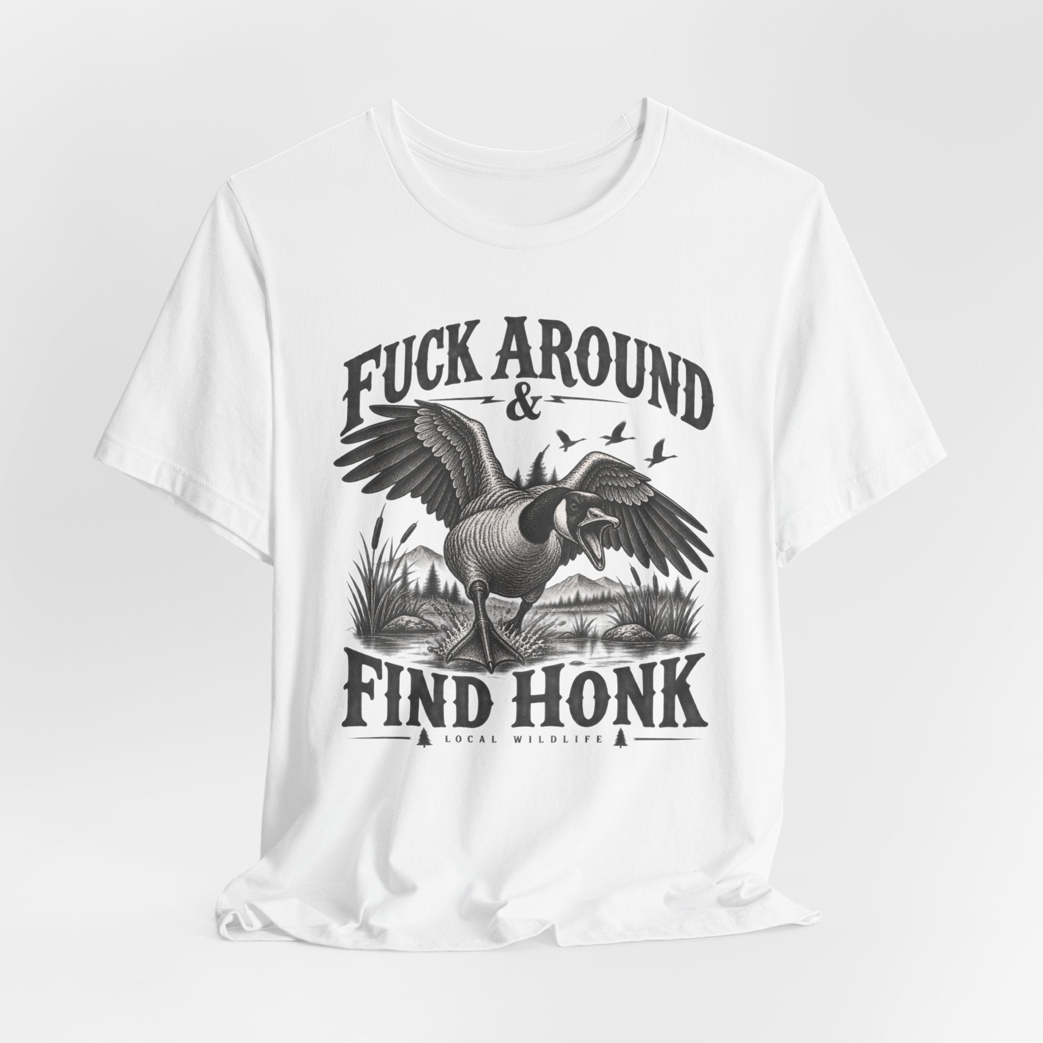 Fuck Around and Find Honk Goose Tee in Heather Prism Lilac - funny goose honk warning shirt, Barely Outdoorsy Bella Canvas