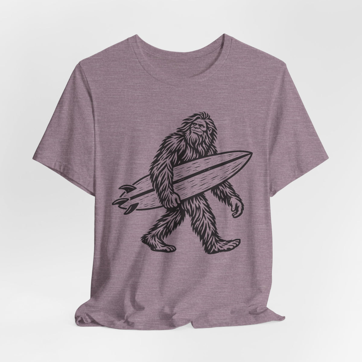 Surfing Bigfoot Tee in Heather Red - funny surfing Bigfoot humor shirt, Barely Outdoorsy