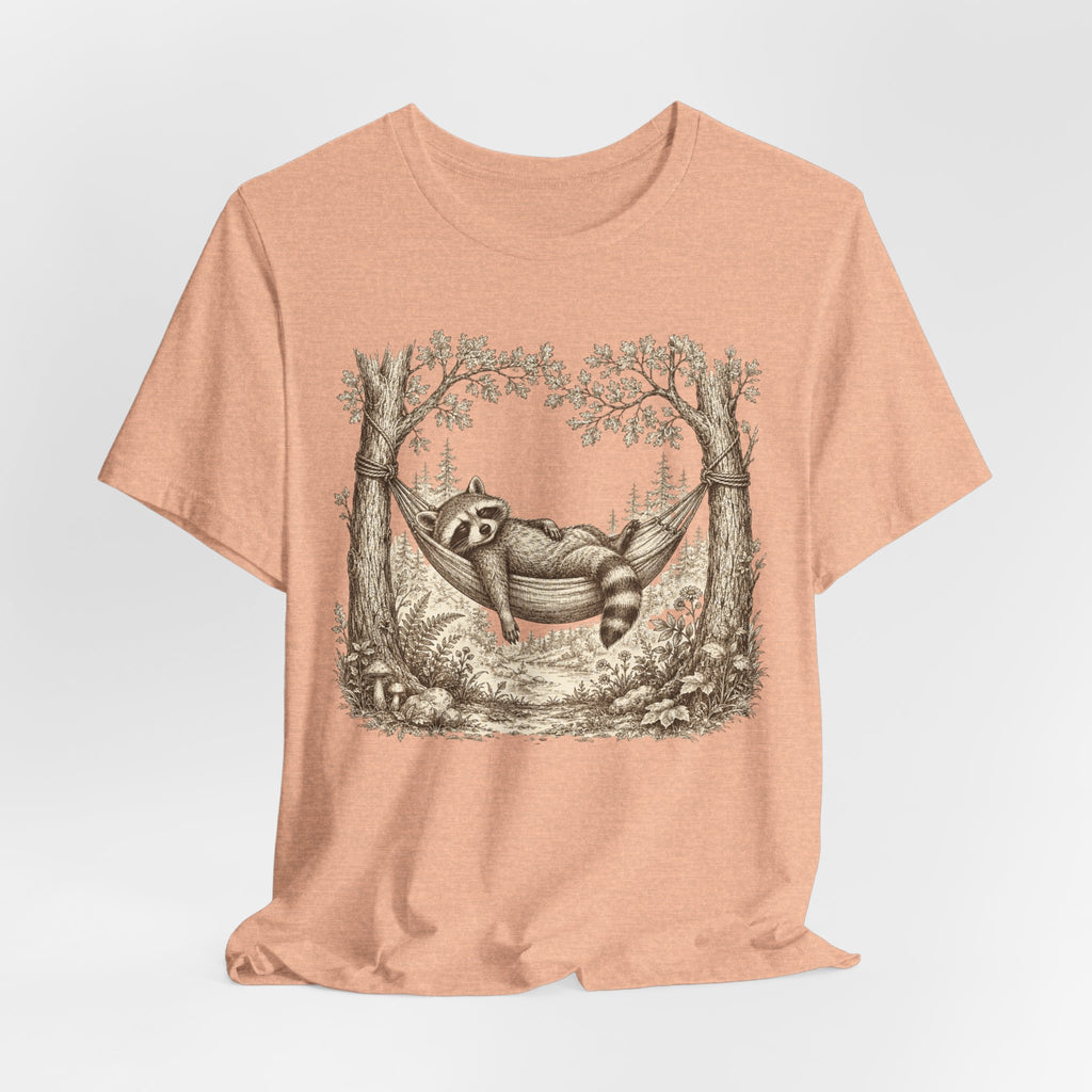 Raccoon Hammock Tee in White - naturalist print raccoon hammock forest graphic shirt, Barely Outdoorsy Bella Canvas