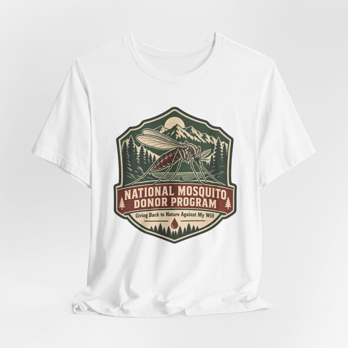 National Mosquito Donor Program T-Shirt in White - funny camping mosquito humor graphic tee, Barely Outdoorsy Bella Canvas