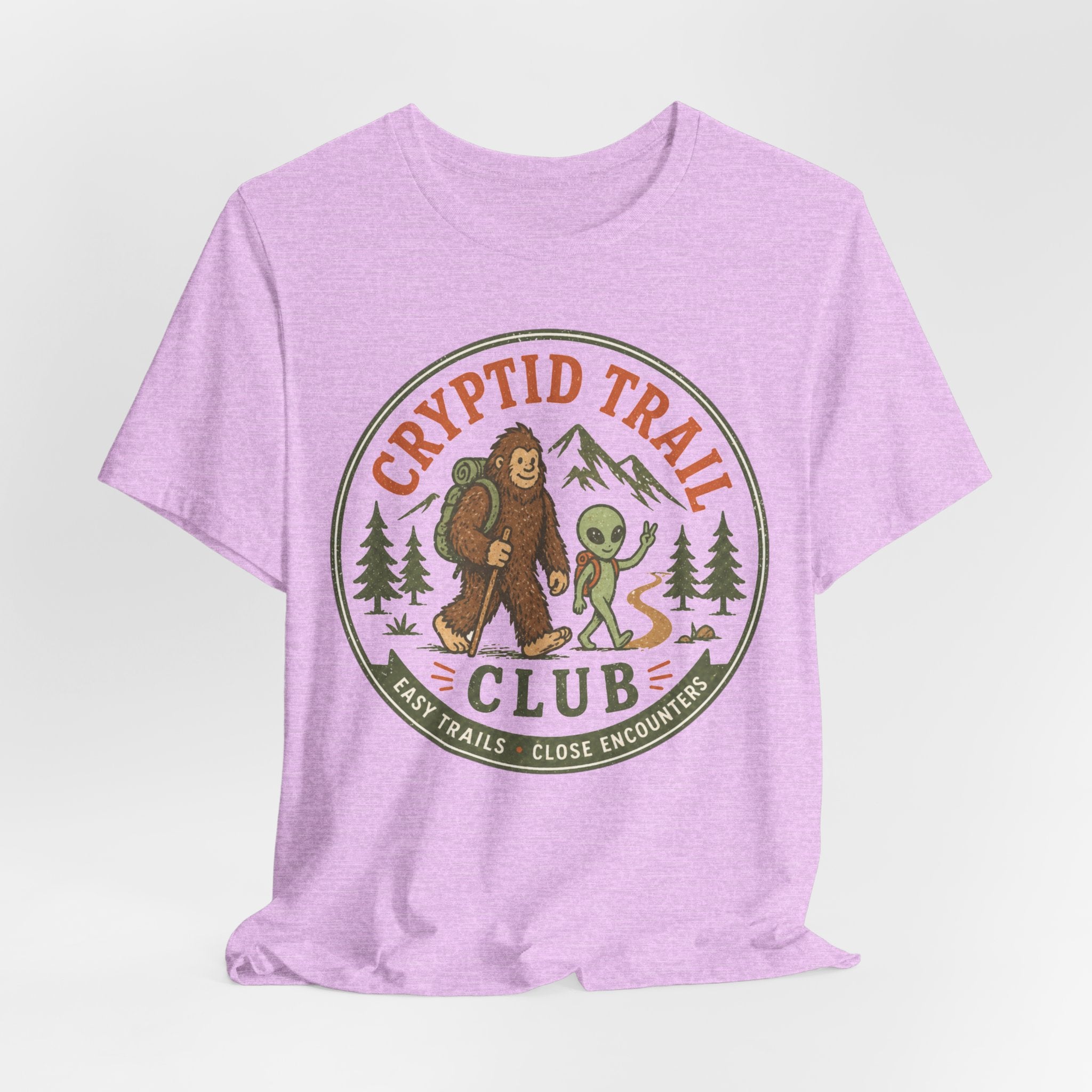 Close-up Bigfoot alien hiking club illustration cotton graphic tee