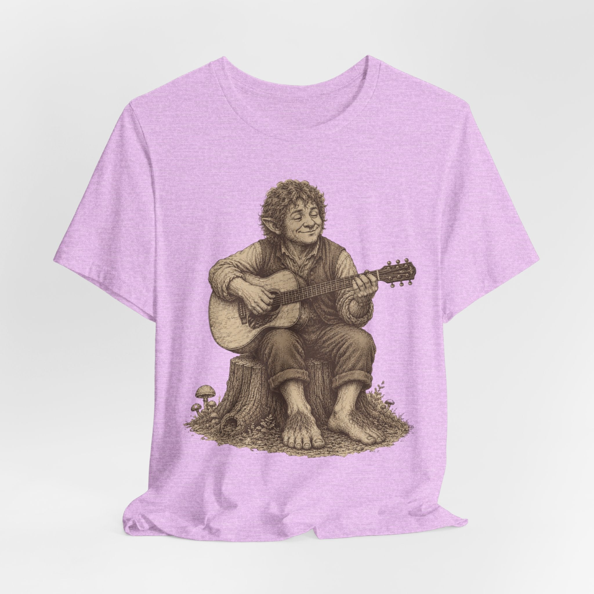 Halfling Guitar Tee in Heather Peach - funny halfling bard second breakfast guitar shirt, Barely Outdoorsy Bella Canvas 3001