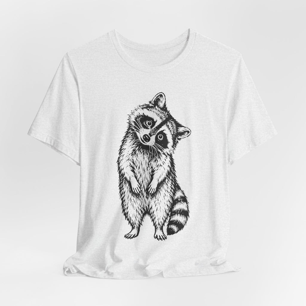 Suspicious Raccoon T-Shirt in Heather Peach - funny raccoon goblincore graphic tee, Barely Outdoorsy