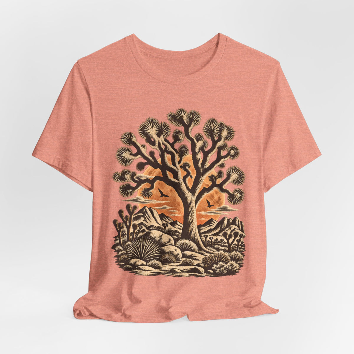 Joshua Tree Desert Sunset Tee in Heather Stone - Joshua tree desert sunset shirt, Barely Outdoorsy Bella Canvas