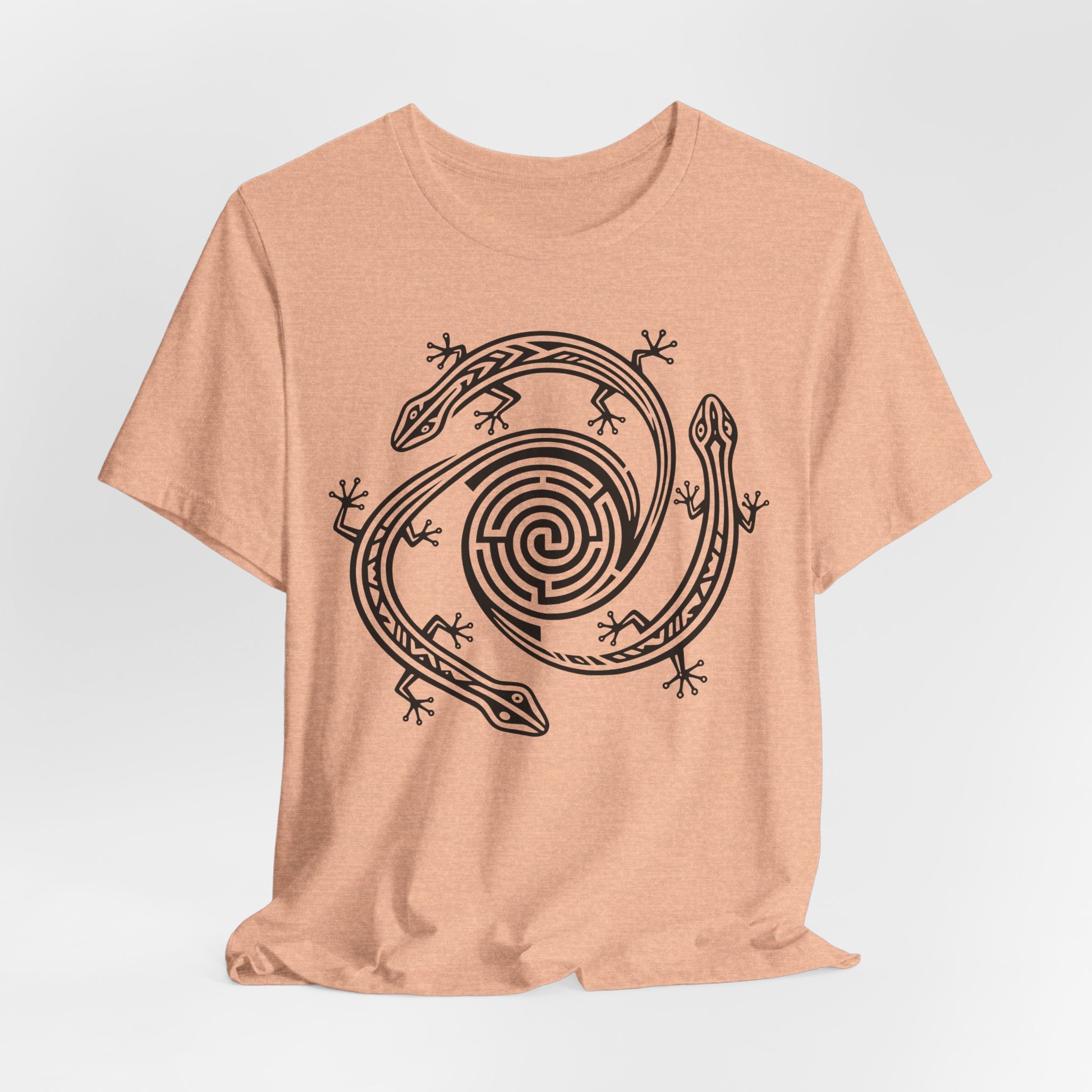 Spiral Lizards Southwest Petroglyph T-Shirt in Heather Peach - Southwest petroglyph lizard graphic tee, Barely Outdoorsy Bella Canvas