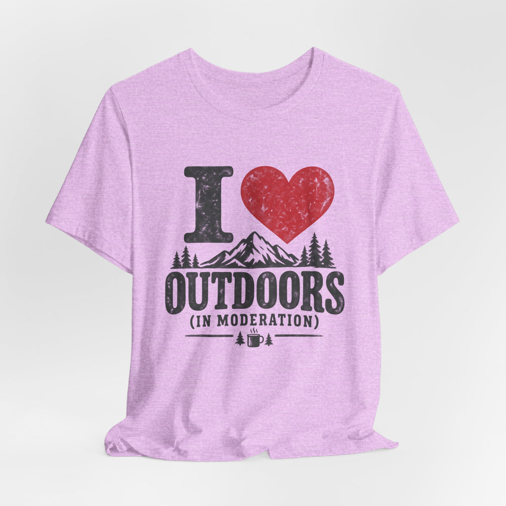 I Love Outdoors In Moderation T-Shirt in Heather True Royal detail - funny outdoor moderation close-up graphic