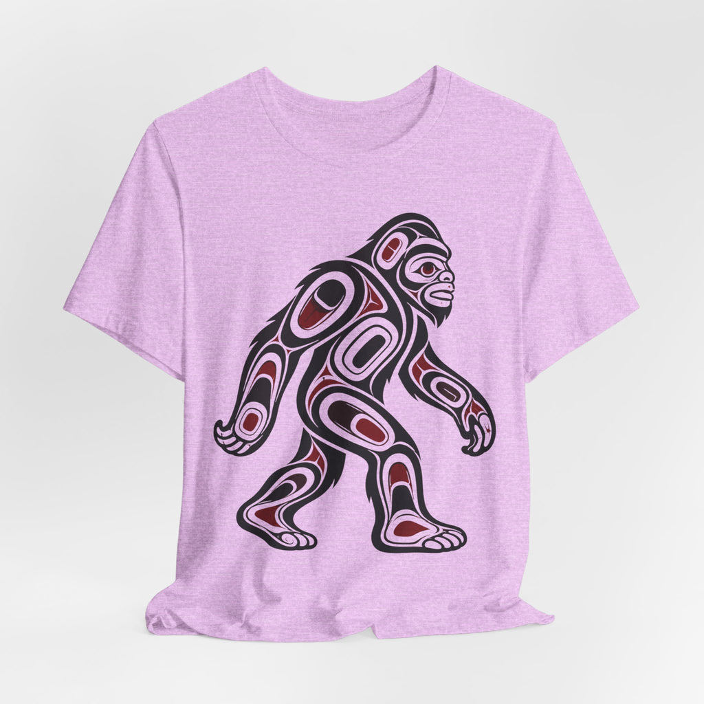 Northwest Tribal Bigfoot Tee in Heather Peach worn shot - Pacific Northwest tribal Bigfoot shirt, Barely Outdoorsy