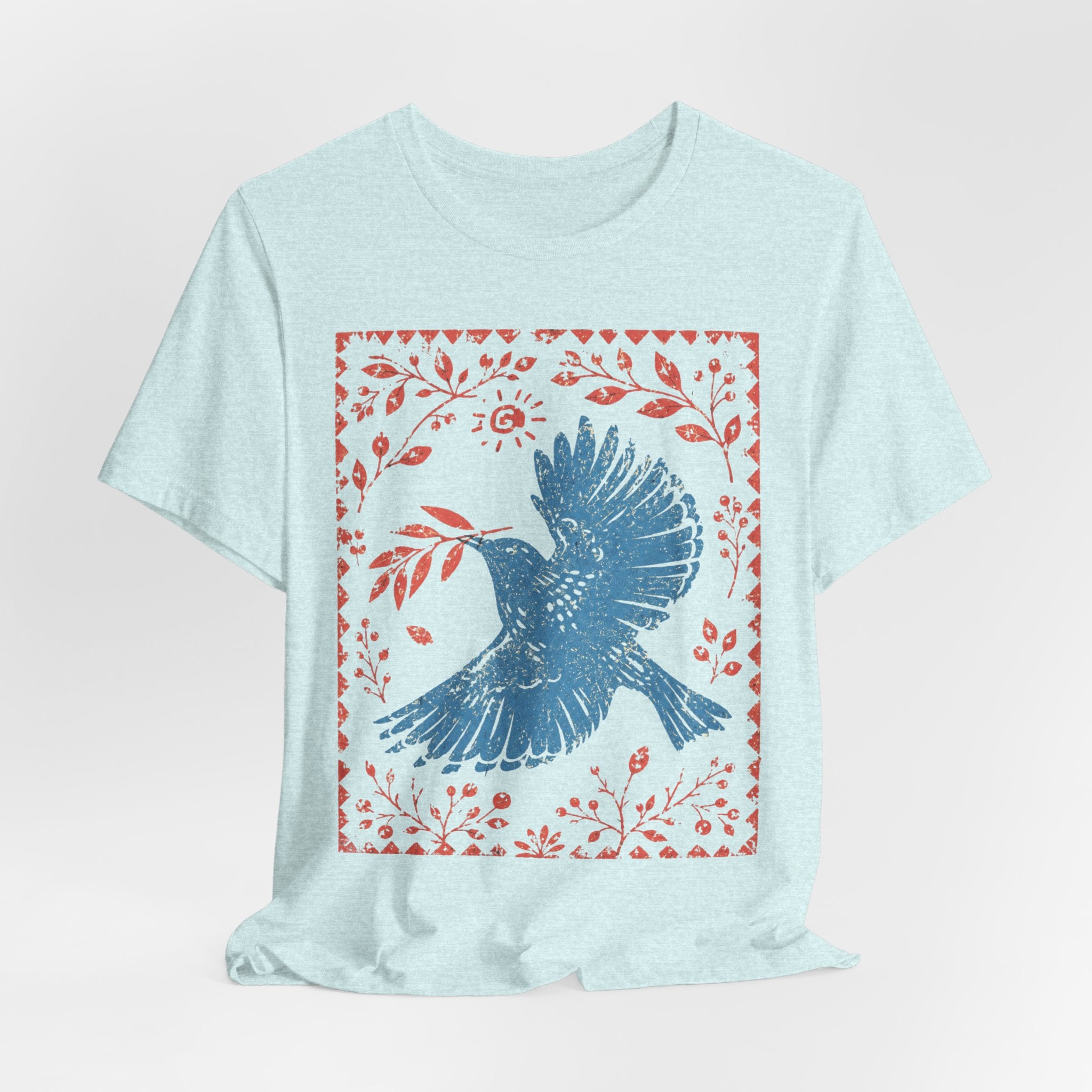Blue Peace Dove Folk Art T-Shirt in Athletic Heather - bold folk art dove graphic tee, Barely Outdoorsy Bella Canvas 3001