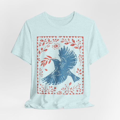 Blue Peace Dove Folk Art T-Shirt in Athletic Heather - bold folk art dove graphic tee, Barely Outdoorsy Bella Canvas 3001
