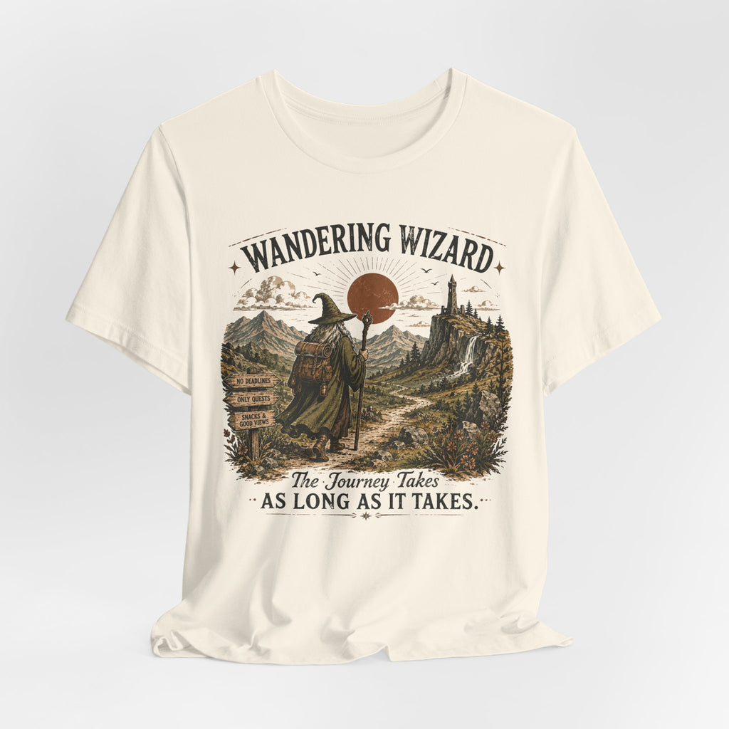 Wandering Wizard Fantasy Hiking T-Shirt in Pink - fantasy wizard nature hiking graphic tee, Barely Outdoorsy Bella Canvas