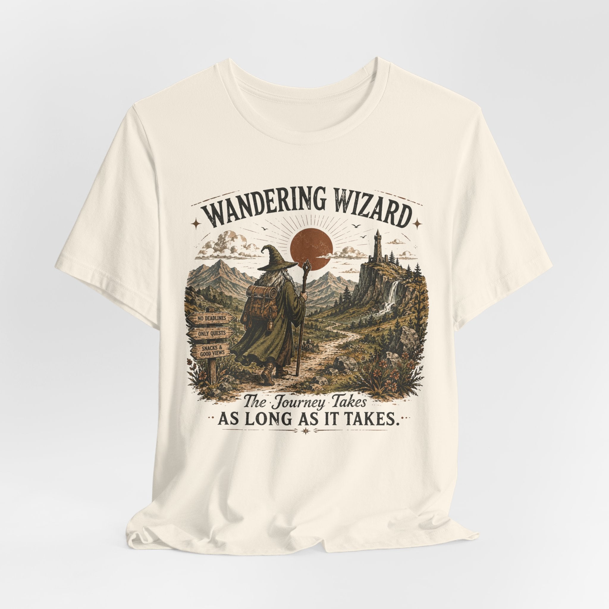 Wandering Wizard Fantasy Hiking T-Shirt in Pink - fantasy wizard nature hiking graphic tee, Barely Outdoorsy Bella Canvas