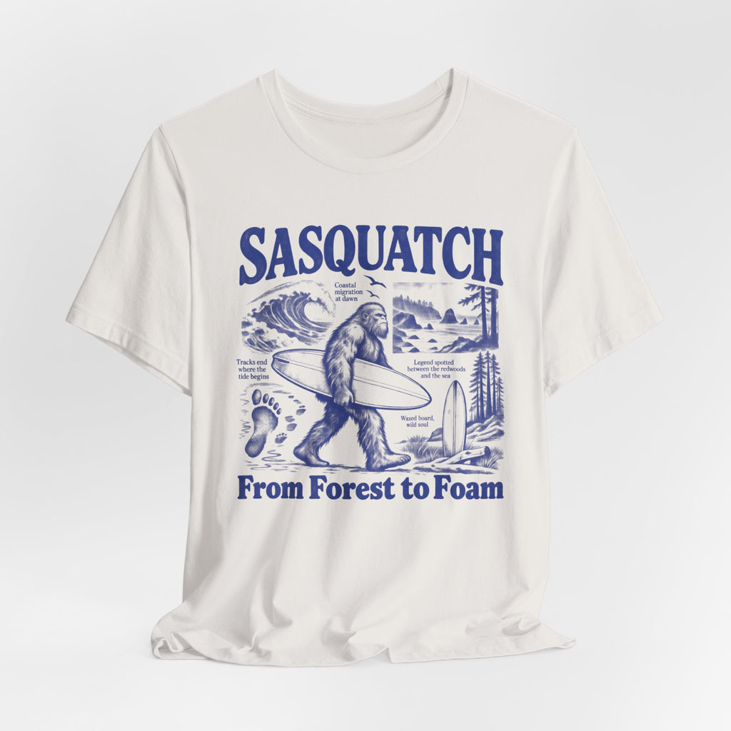 Sasquatch From Forest to Foam T-Shirt in Heather Green - funny Sasquatch surf forest to foam graphic tee, Barely Outdoorsy Bella Canvas 3001