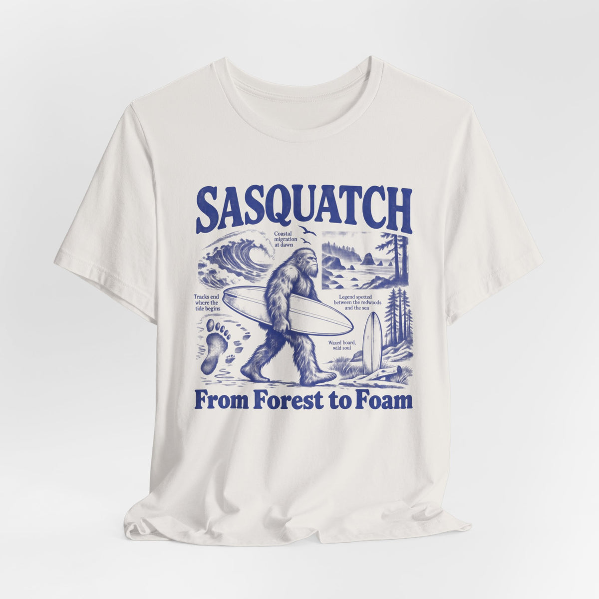 Sasquatch From Forest to Foam T-Shirt in Heather Green - funny Sasquatch surf forest to foam graphic tee, Barely Outdoorsy Bella Canvas 3001