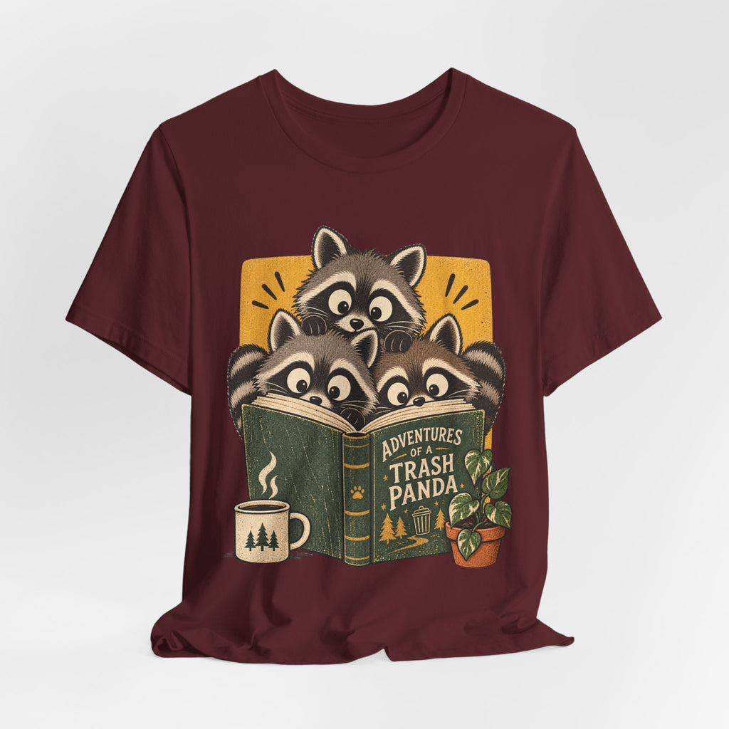 Adventures of a Trash Panda Tee in Heather True Royal detail - raccoon adventure close-up graphic