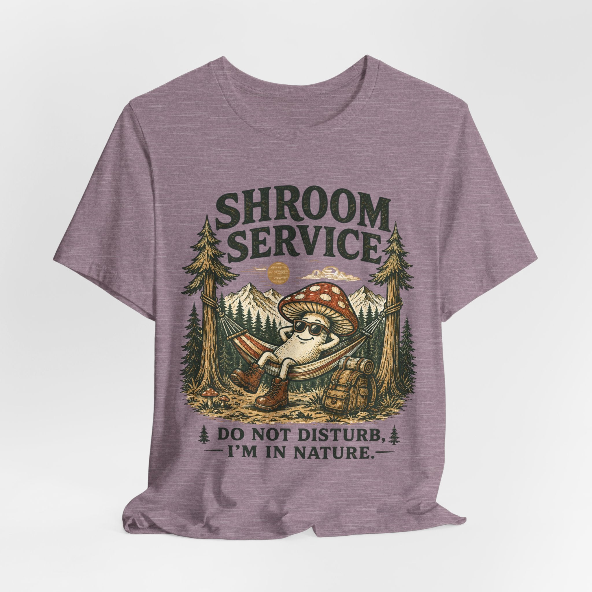 Shroom Service T-Shirt in Deep Heather - mushroom relaxing in hammock camping graphic tee, Barely Outdoorsy Bella Canvas 3001