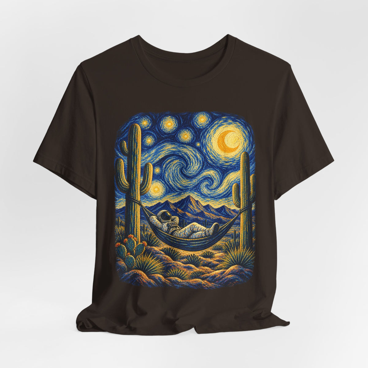 Starry Night Desert Astronaut T-Shirt in Heather Team Purple - Southwest desert astronaut starry night space graphic tee, Barely Outdoorsy
