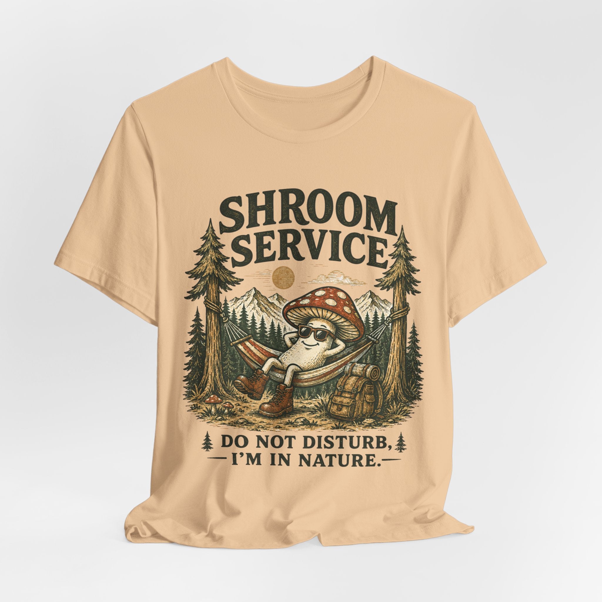 Shroom Service T-Shirt in Sunset - funny mushroom camping hammock humor graphic tee, Barely Outdoorsy