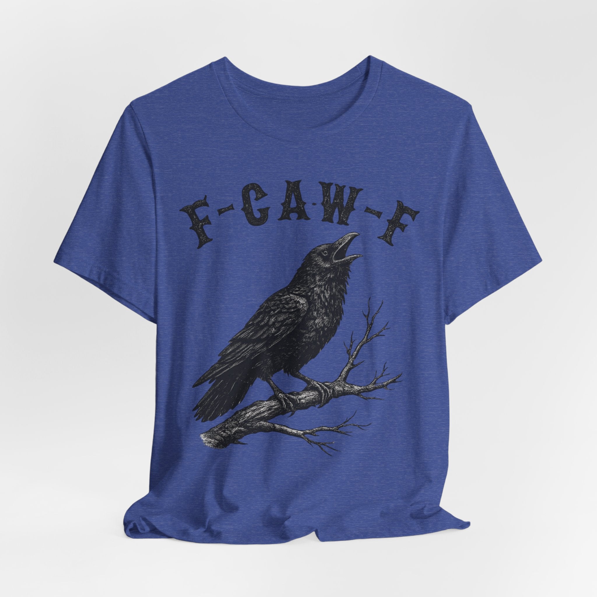 F-CAW-F Funny Crow T-Shirt in Heather Ice Blue - gothic crow humor graphic tee, Barely Outdoorsy