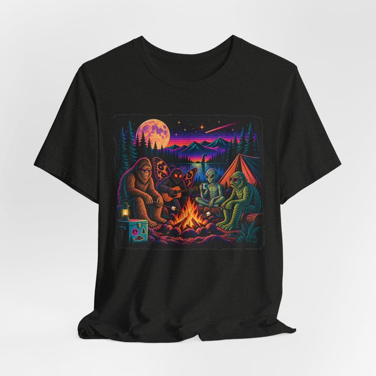 Cryptid Campfire Hangout T-Shirt in Dark Grey Heather - funny cryptid campfire Bigfoot alien graphic tee, Barely Outdoorsy Bella Canvas 3001